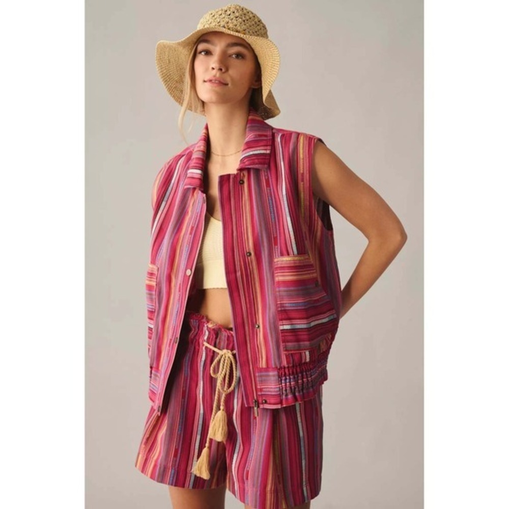 Anthropologie Utility Vest S Pink Magenta Cargo Relaxed‎ Layer Ruffle Indie Boho